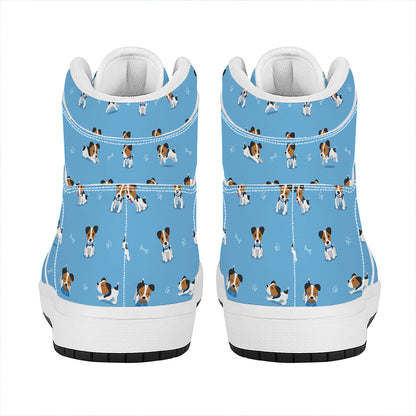 Blue Jack Russell Terrier Pattern Print High Top Leather Sneakers