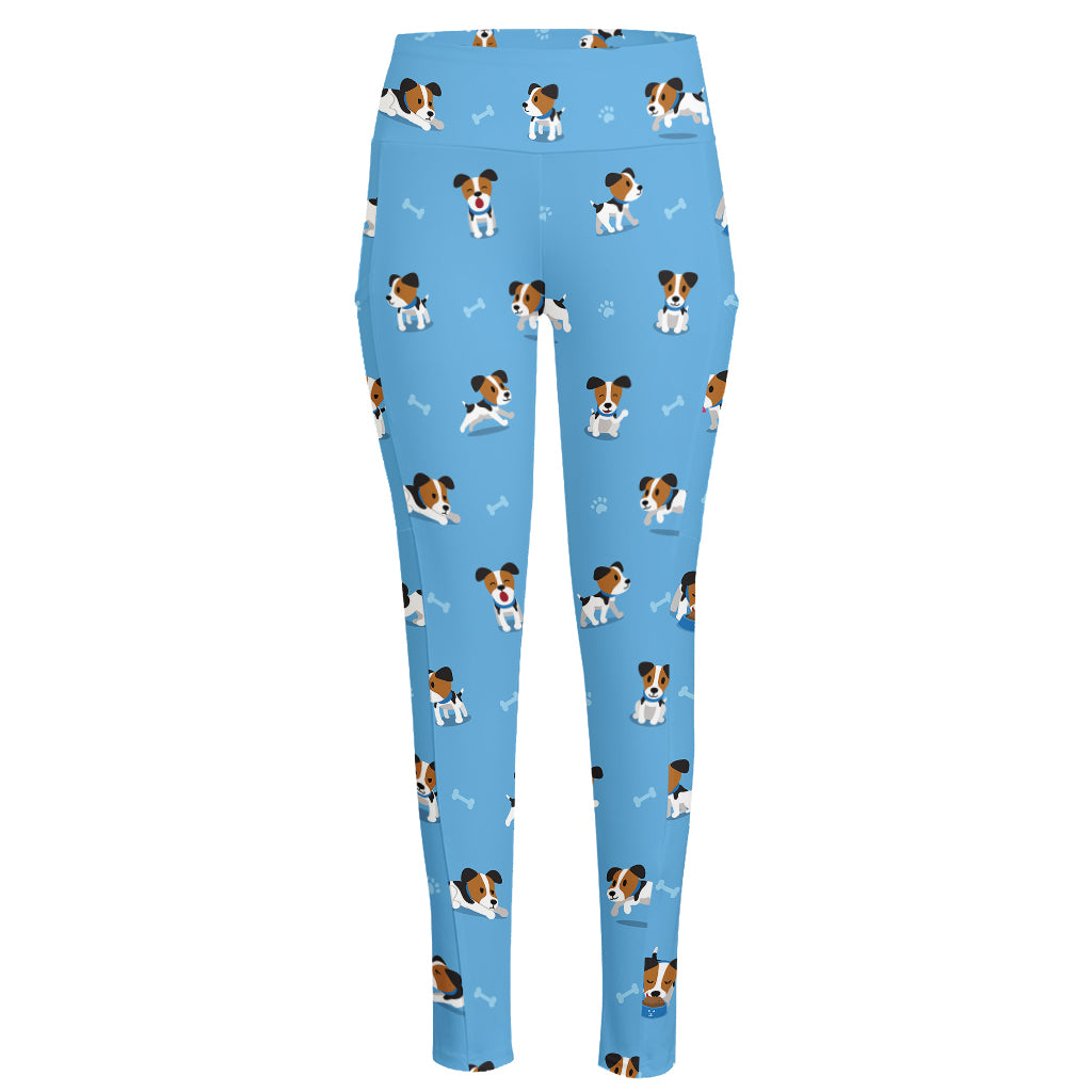 Blue Jack Russell Terrier Pattern Print High-Waisted Pocket Leggings