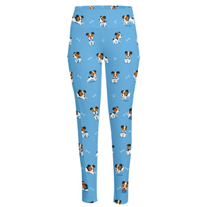 Blue Jack Russell Terrier Pattern Print High-Waisted Pocket Leggings