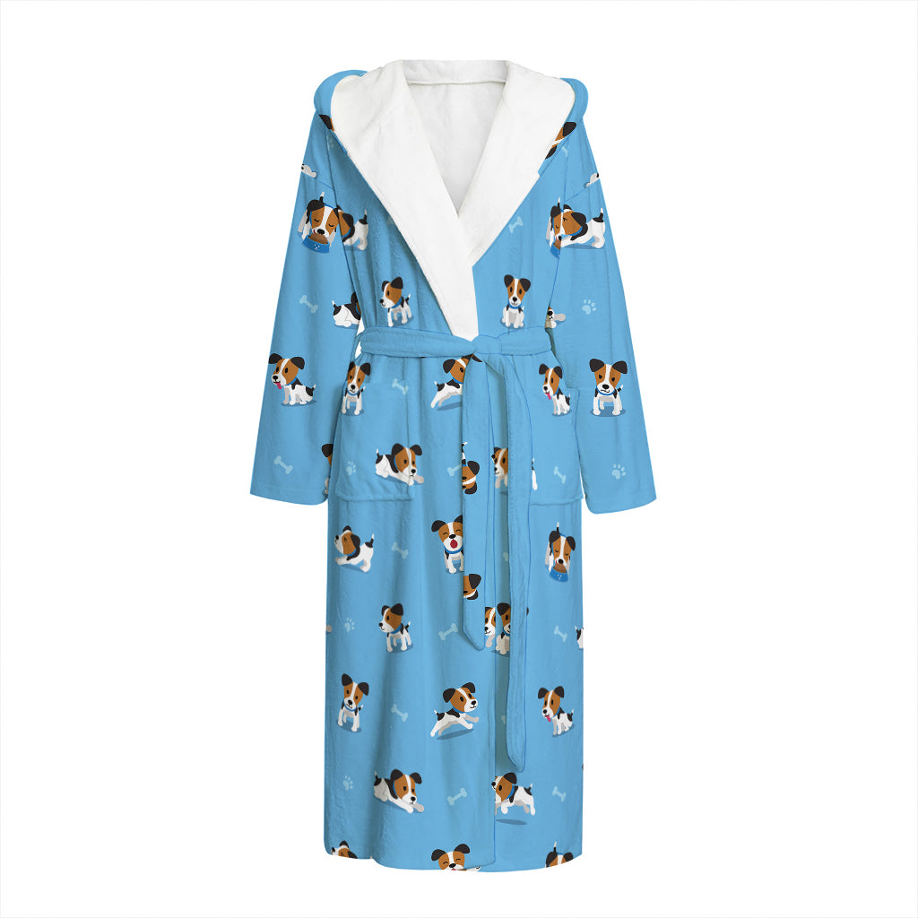 Blue Jack Russell Terrier Pattern Print Hooded Bathrobe