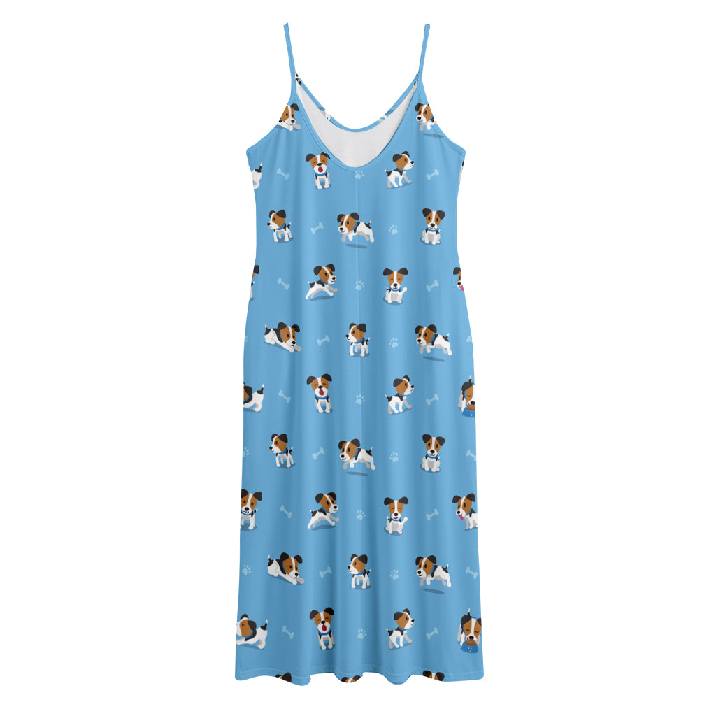 Blue Jack Russell Terrier Pattern Print Jersey Midi Cami Dress