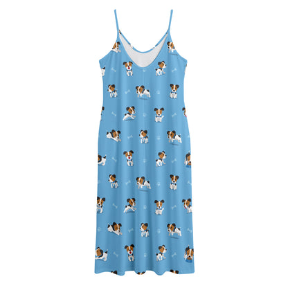 Blue Jack Russell Terrier Pattern Print Jersey Midi Cami Dress