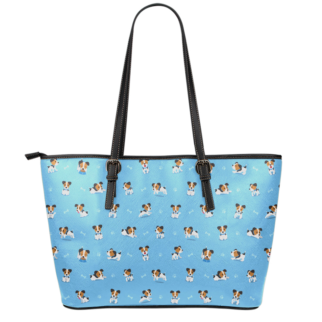 Blue Jack Russell Terrier Pattern Print Leather Tote Bag