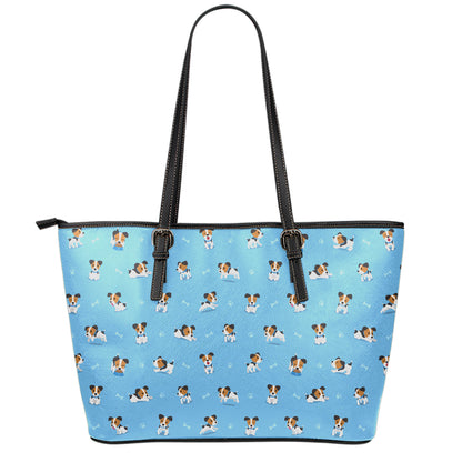 Blue Jack Russell Terrier Pattern Print Leather Tote Bag
