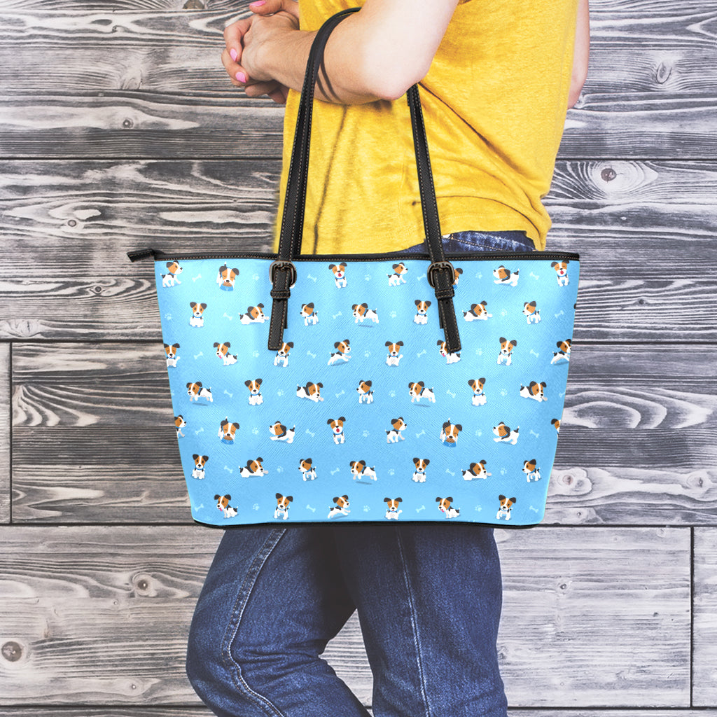 Blue Jack Russell Terrier Pattern Print Leather Tote Bag