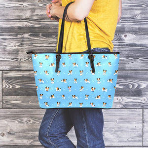 Blue Jack Russell Terrier Pattern Print Leather Tote Bag