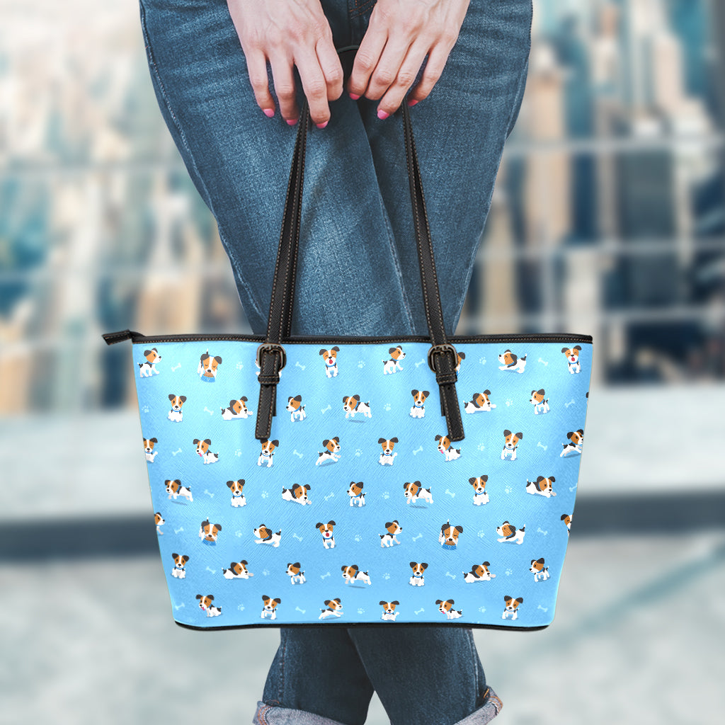 Blue Jack Russell Terrier Pattern Print Leather Tote Bag