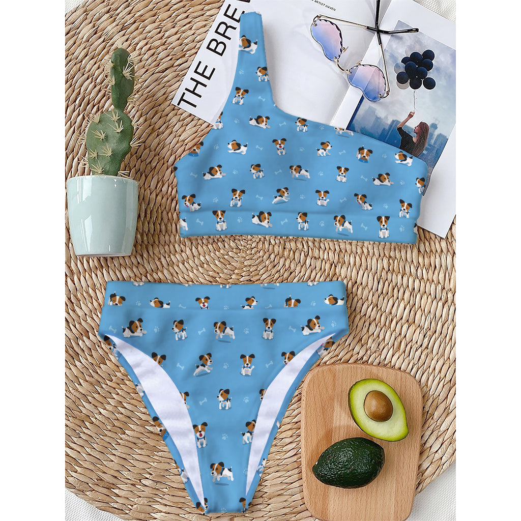 Blue Jack Russell Terrier Pattern Print One Shoulder Bikini Top