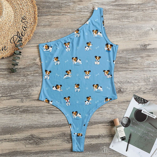 Blue Jack Russell Terrier Pattern Print One Shoulder Bodysuit