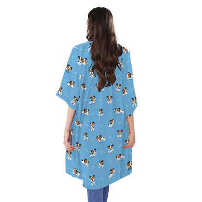 Blue Jack Russell Terrier Pattern Print Open Front Beach Cover Up