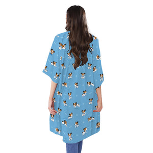 Blue Jack Russell Terrier Pattern Print Open Front Beach Cover Up