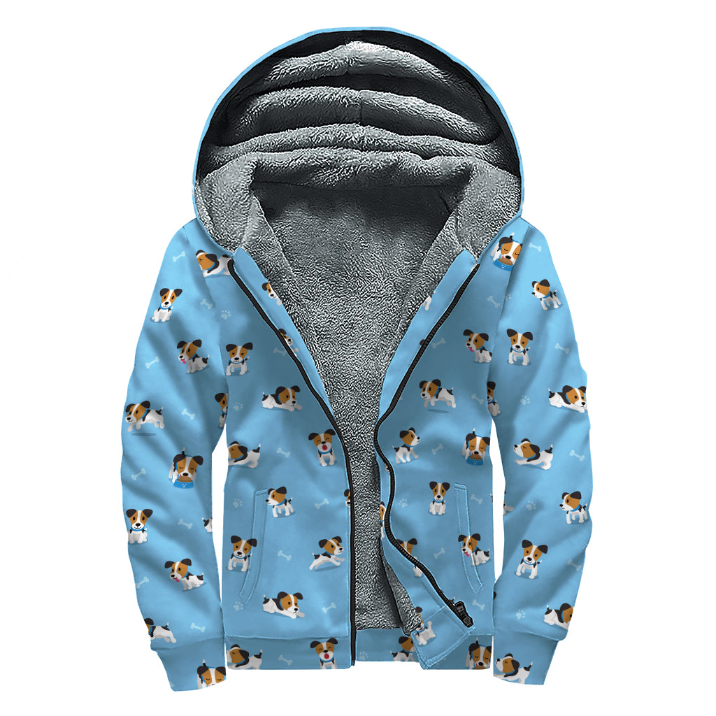 Blue Jack Russell Terrier Pattern Print Sherpa Lined Zip Up Hoodie