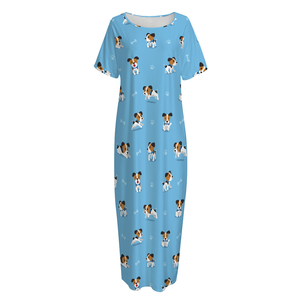 Blue Jack Russell Terrier Pattern Print Short Sleeve Long Nightdress