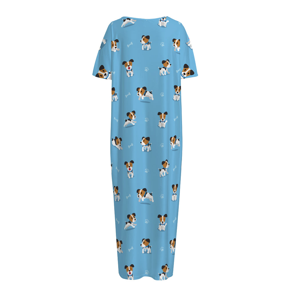 Blue Jack Russell Terrier Pattern Print Short Sleeve Long Nightdress