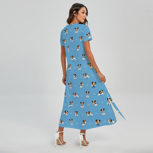 Blue Jack Russell Terrier Pattern Print Short Sleeve Maxi Dress