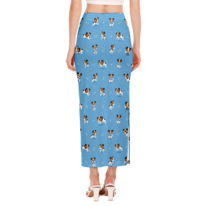Blue Jack Russell Terrier Pattern Print Side Slit Maxi Skirt
