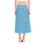 Blue Jack Russell Terrier Pattern Print Side Slit Midi Skirt