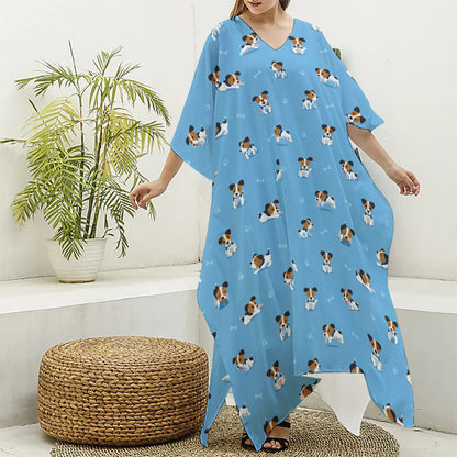 Blue Jack Russell Terrier Pattern Print Silk V-Neck Kaftan Dress