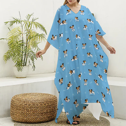 Blue Jack Russell Terrier Pattern Print Silk V-Neck Kaftan Dress