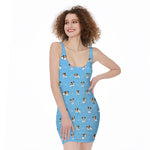Blue Jack Russell Terrier Pattern Print Sleeveless Bodycon Dress