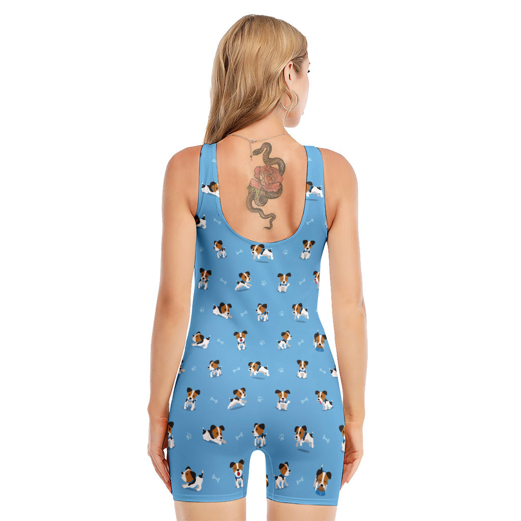 Blue Jack Russell Terrier Pattern Print Sleeveless One Piece Swimsuit