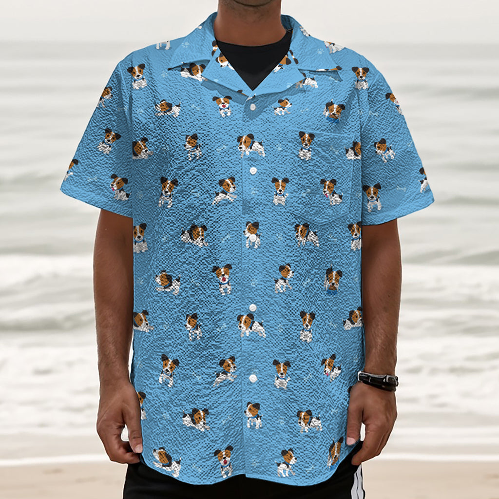 Blue Jack Russell Terrier Pattern Print Textured Short Sleeve Shirt