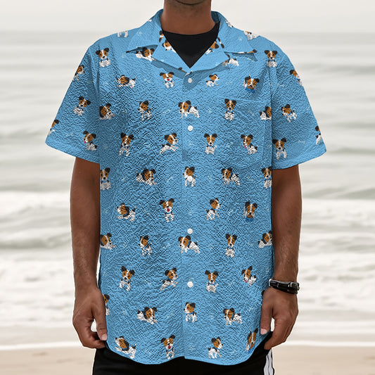 Blue Jack Russell Terrier Pattern Print Textured Short Sleeve Shirt