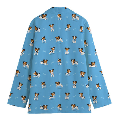 Blue Jack Russell Terrier Pattern Print Women's Cotton Blazer