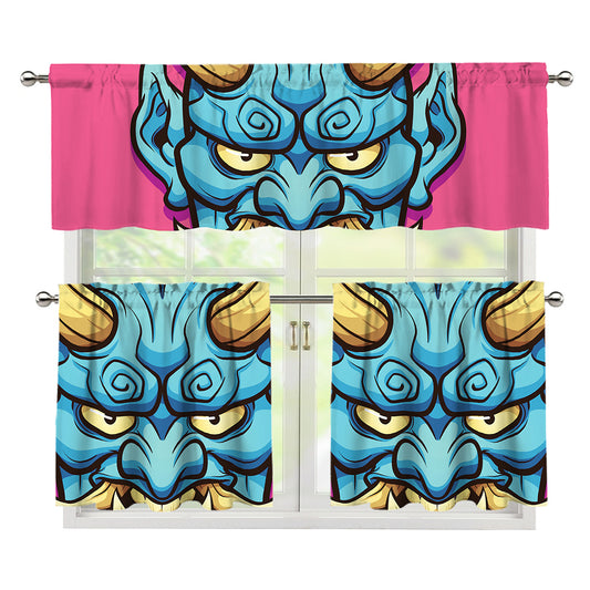 Blue Japanese Demon Print 3 Piece Kitchen Curtains