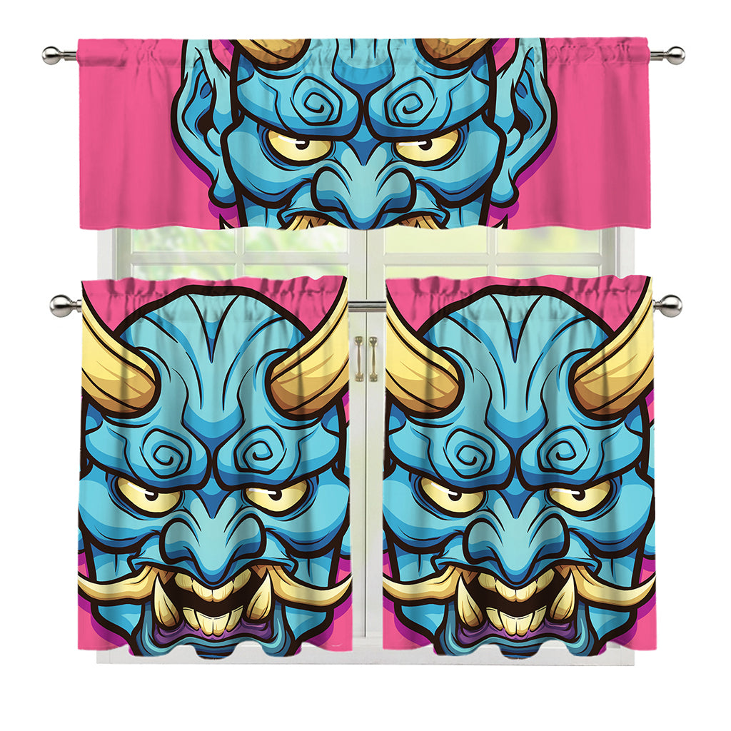 Blue Japanese Demon Print 3 Piece Kitchen Curtains