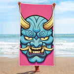 Blue Japanese Demon Print Beach Towel