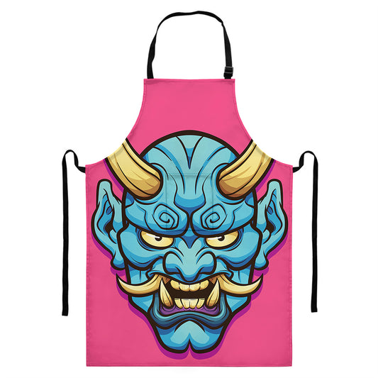 Blue Japanese Demon Print Bib Apron With Pocket