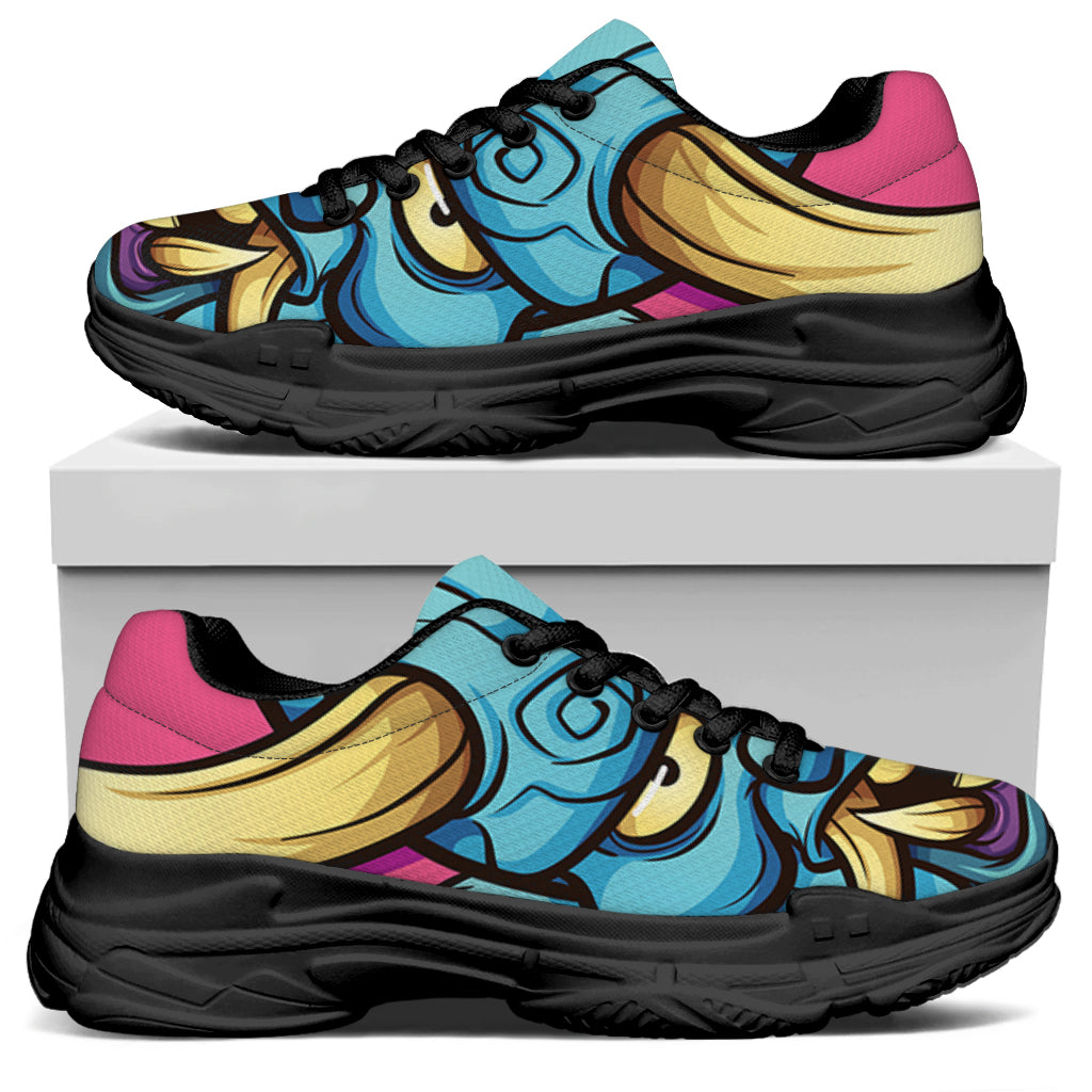 Blue Japanese Demon Print Black Chunky Shoes