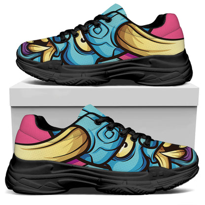 Blue Japanese Demon Print Black Chunky Shoes