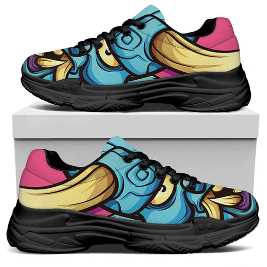 Blue Japanese Demon Print Black Chunky Shoes
