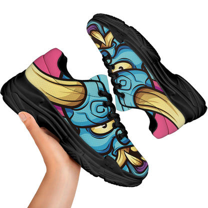 Blue Japanese Demon Print Black Chunky Shoes