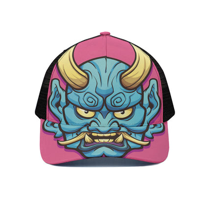 Blue Japanese Demon Print Black Mesh Trucker Cap