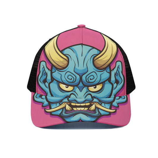 Blue Japanese Demon Print Black Mesh Trucker Cap