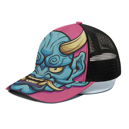Blue Japanese Demon Print Black Mesh Trucker Cap