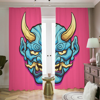 Blue Japanese Demon Print Blackout Pencil Pleat Curtains