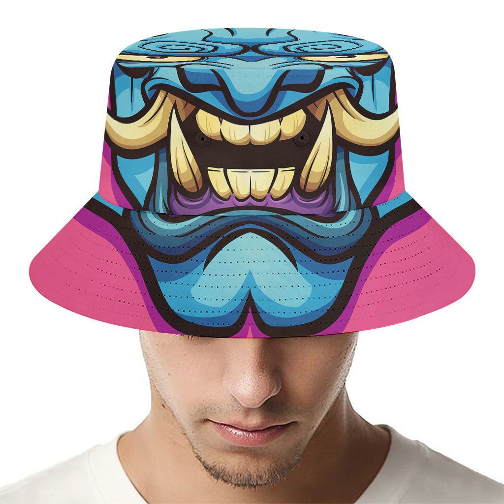 Blue Japanese Demon Print Bucket Hat