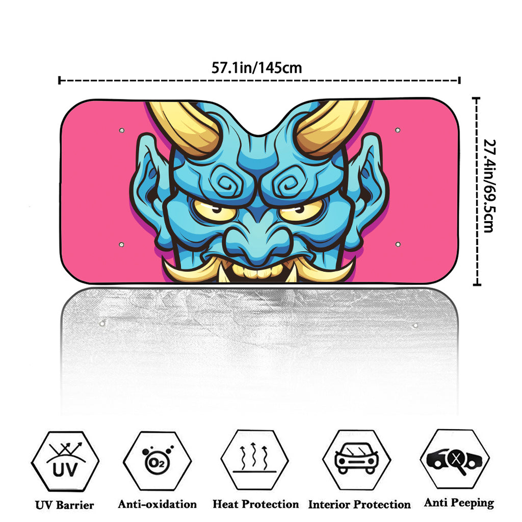 Blue Japanese Demon Print Car Windshield Sun Shade