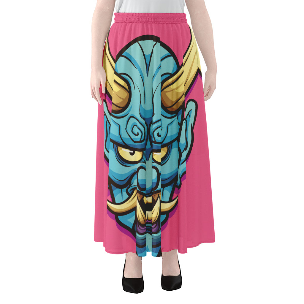 Blue Japanese Demon Print Chiffon Maxi Skirt