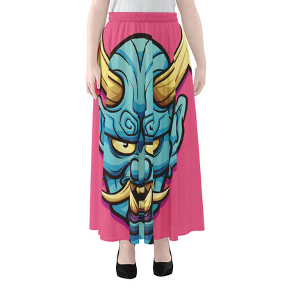 Blue Japanese Demon Print Chiffon Maxi Skirt