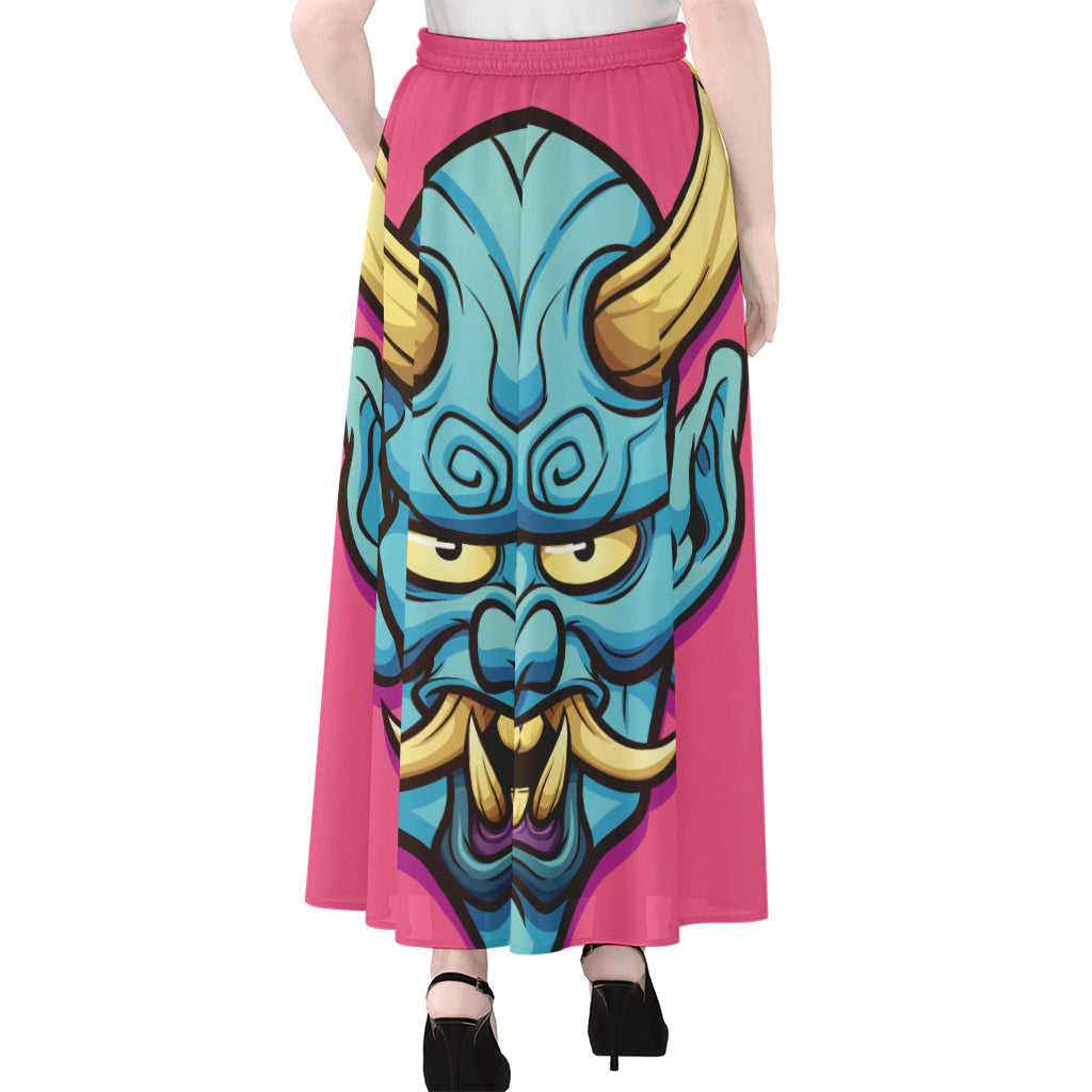 Blue Japanese Demon Print Chiffon Maxi Skirt