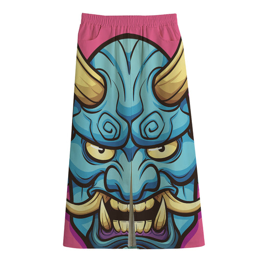Blue Japanese Demon Print Cotton Front Slit Maxi Skirt