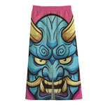 Blue Japanese Demon Print Cotton Front Slit Maxi Skirt