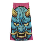 Blue Japanese Demon Print Cotton Front Slit Maxi Skirt