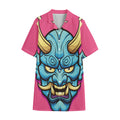 Blue Japanese Demon Print Cotton Hawaiian Shirt