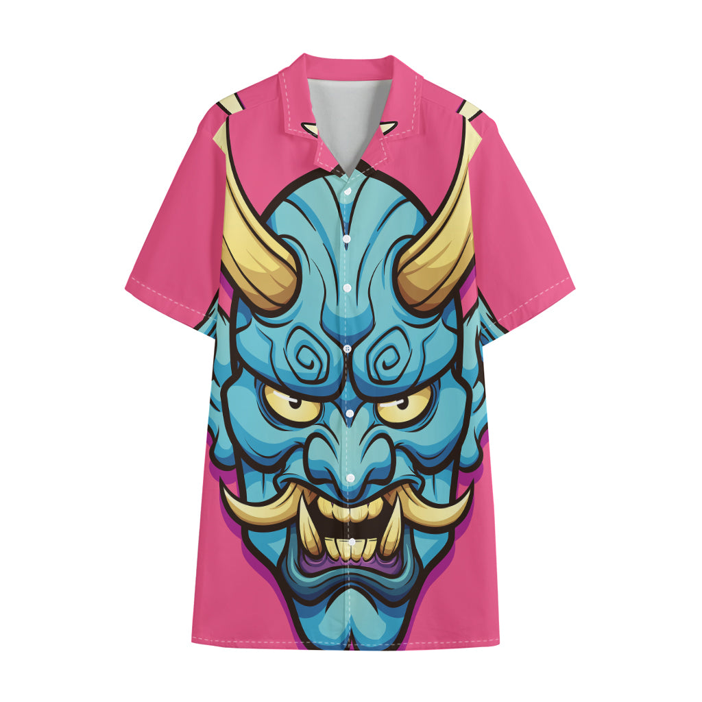 Blue Japanese Demon Print Cotton Hawaiian Shirt